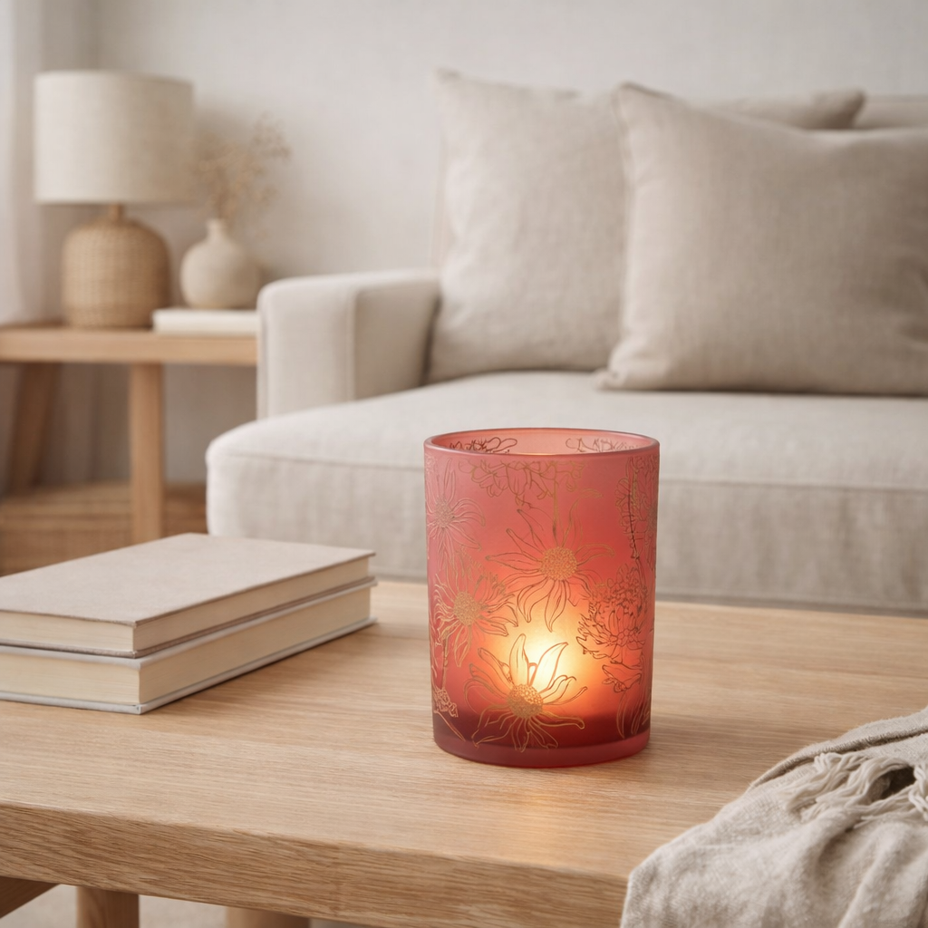J-Line lanterne fleurs - verre - rouge/or mat - moyen en situation