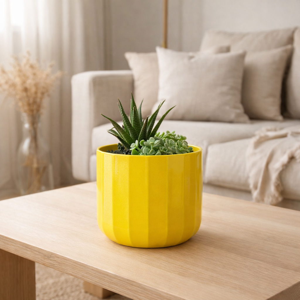 Pot de fleur J-Line Summer - céramique - jaune - moyen - Ø 15 cm en situation