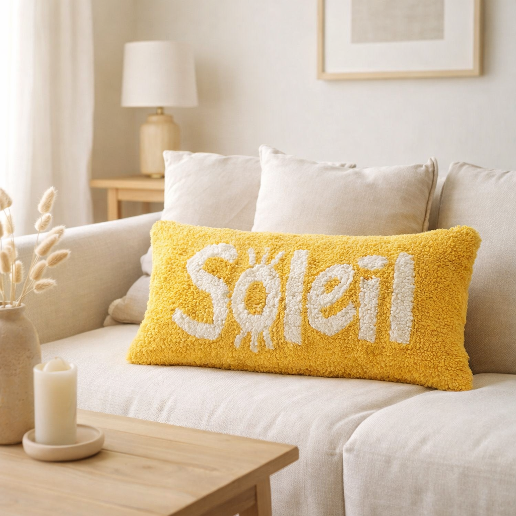 J-Line Coussin Soleil Tufté Coton Jaune/Blanc en situation