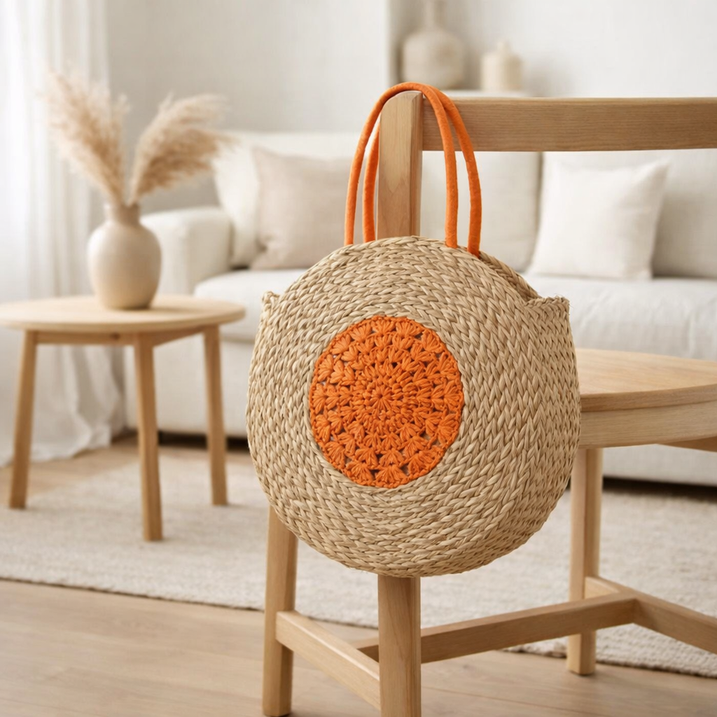 J-Line Sac de Plage Rond Fleur Jonc de Mer Humide/Orange en situation