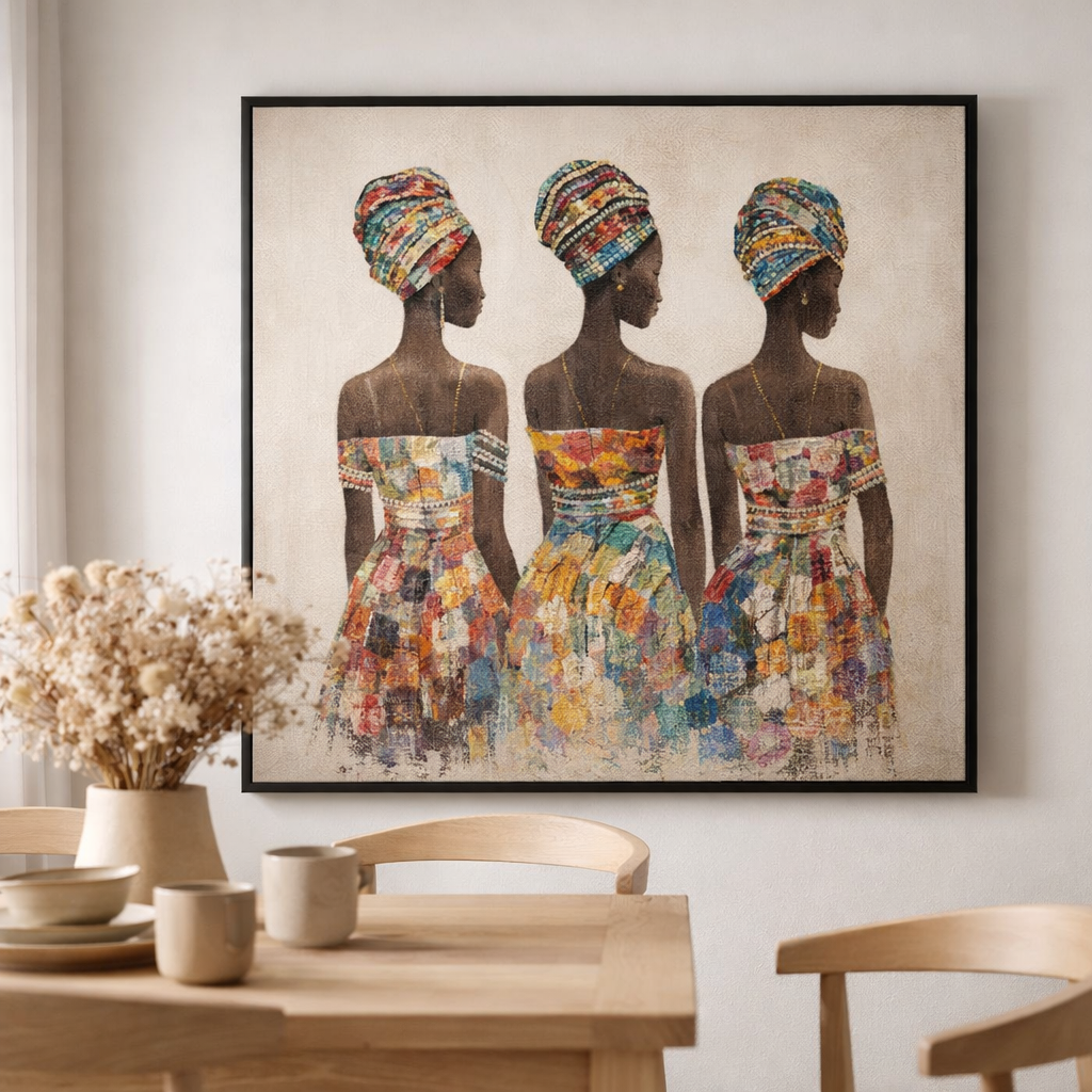 J-Lline Mur Decoration 3 Femmes africaines - toile / peinture / corde - mélange en situation