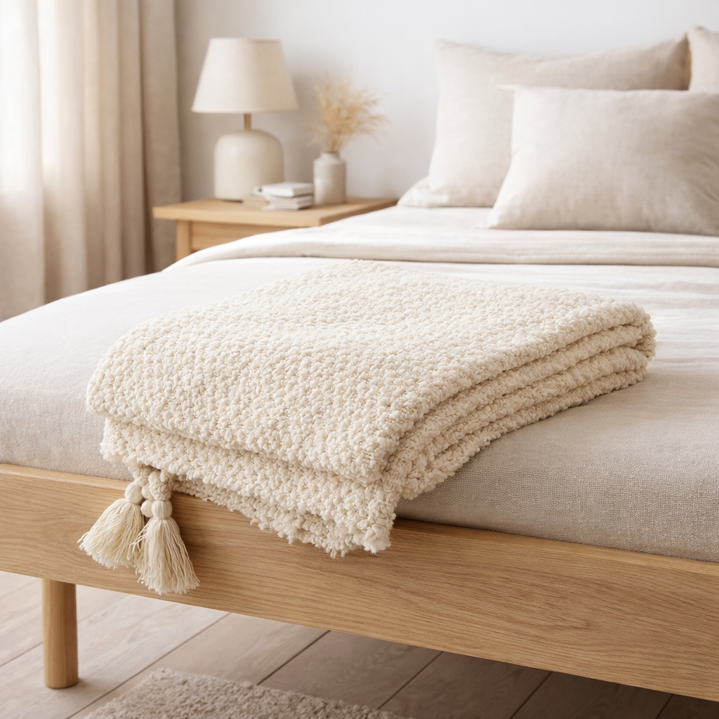 Pinceaux J-Line Plaid - coton - crème - 180 x 130 cm en situation