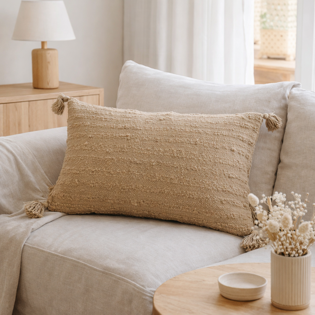J-Line Coussin Rectangulaire + Pompons Coton Beige Foncé en situation