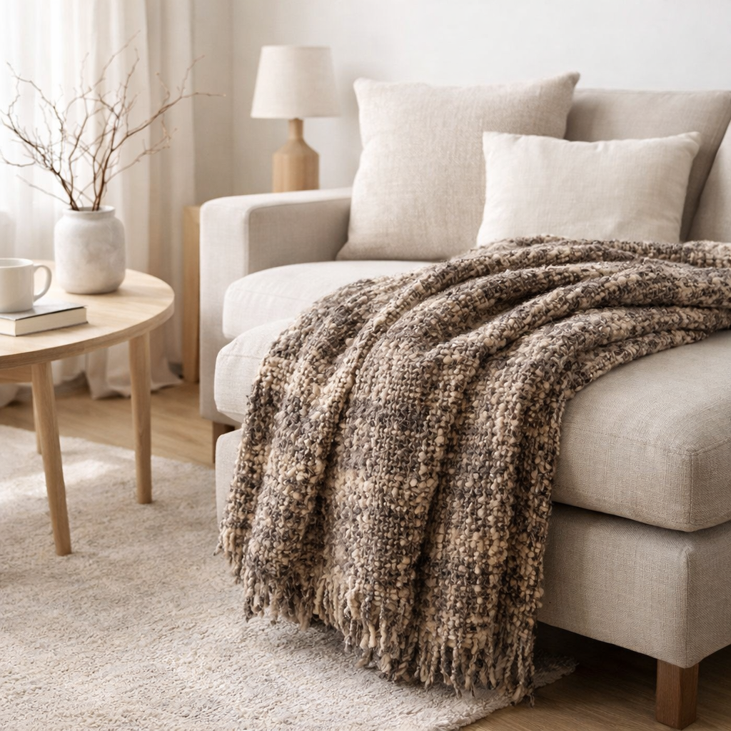 J-Line Plaid tweed - coton - marron/beige - 180 x 130 cm en situation