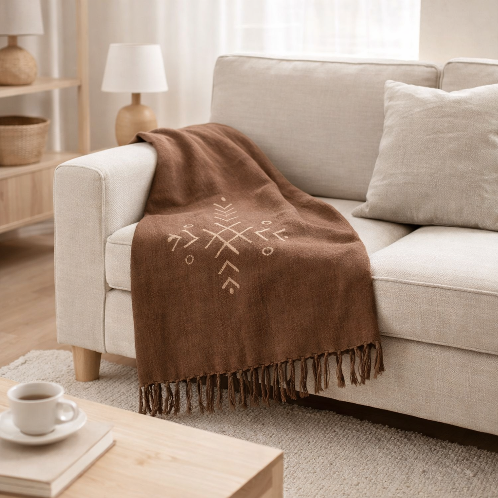J-Line Plaid Motifs ethniques + franges - coton - marron en situation