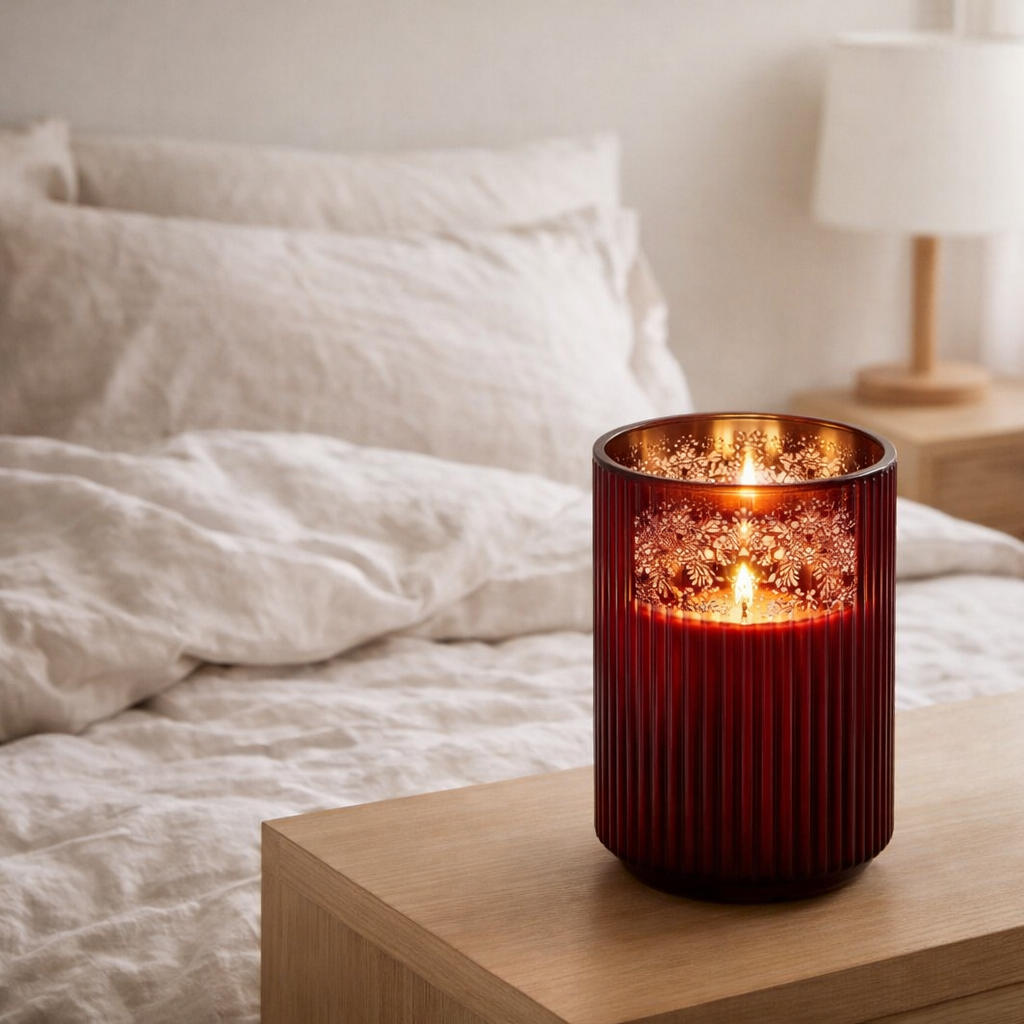 Bougie parfumée J-Line Tree Ribbed - verre - bordeaux - S en situation