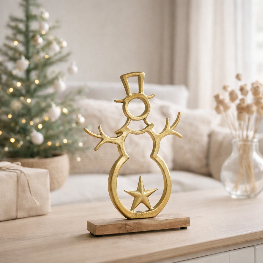 J-Line décoration Bonhomme de Neige Étoile - aluminium/bois - or - L en situation
