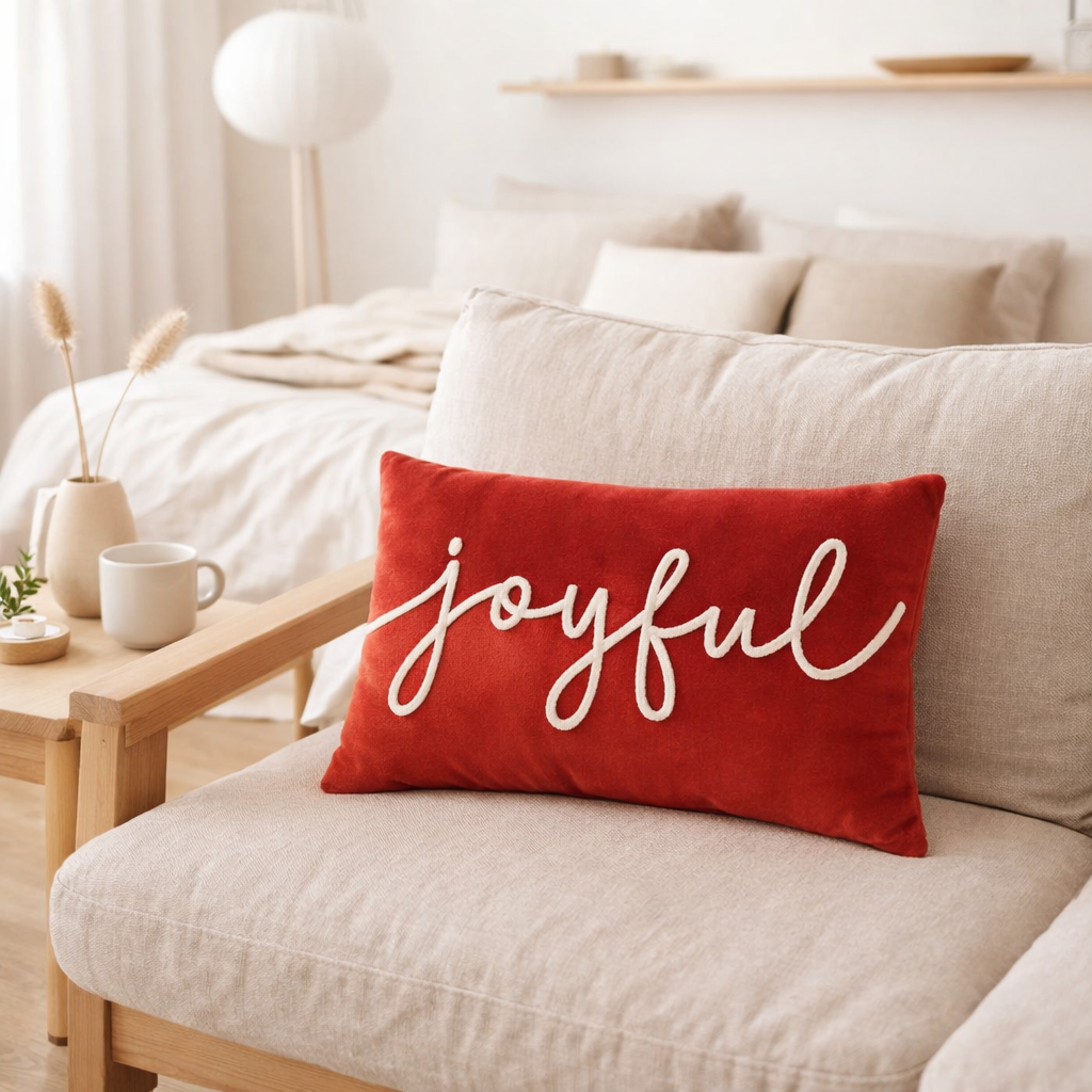 J-Line coussin Rectangle Joyful - velours - rouge/blanc en situation