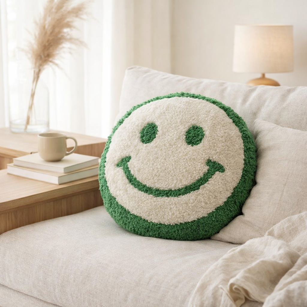 J-Line Coussin Smiley Tufté Coton Vert/Blanc en situation