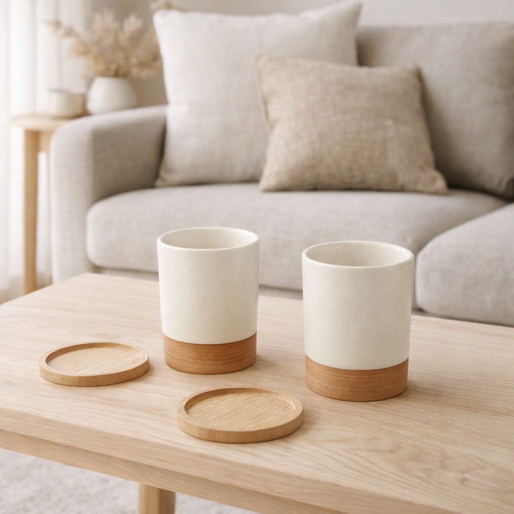 J-Line Carton de 2 Sachets + Socle Bambou Céramique Blanc/Naturel en situation