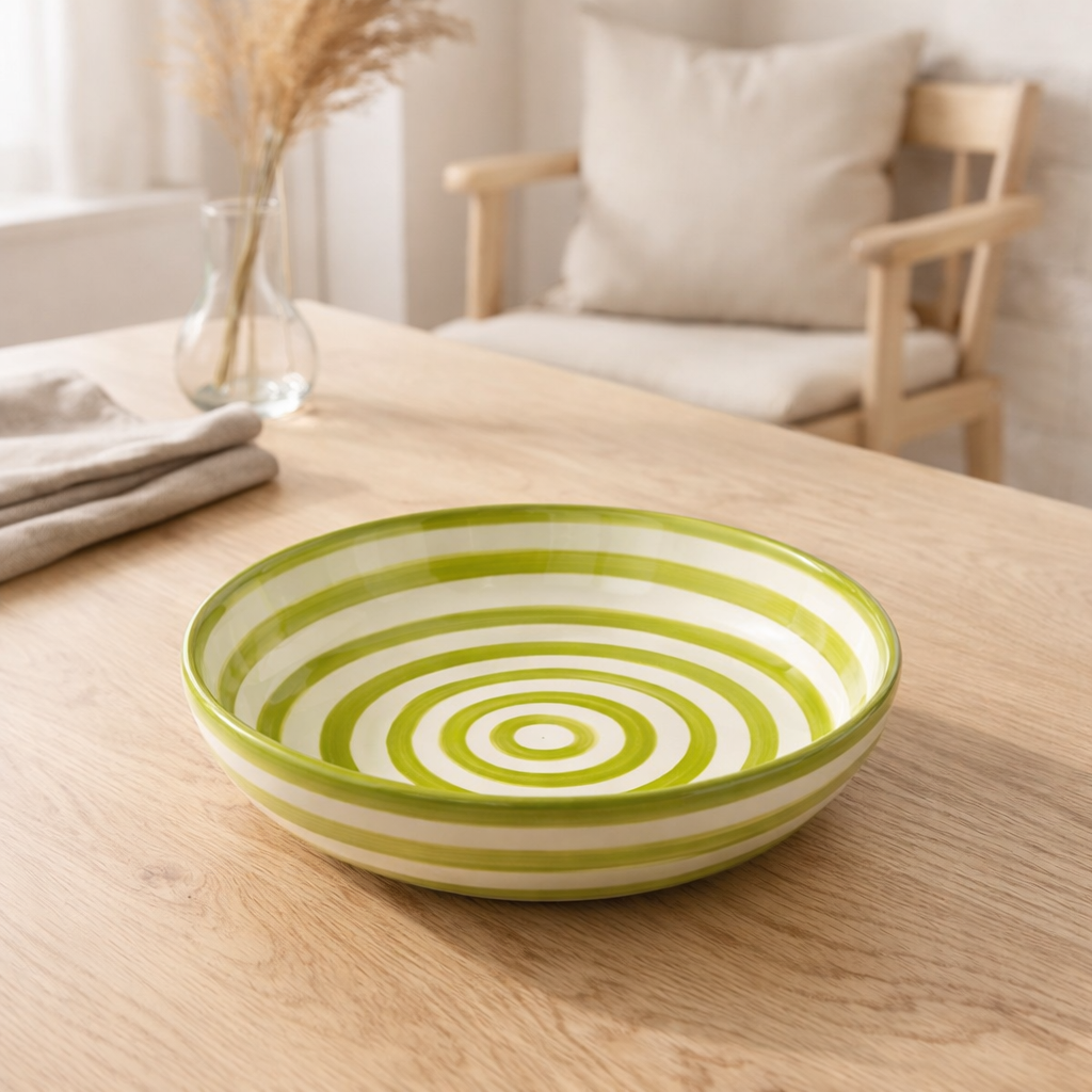 J -line Kom Grenade Stripes Low - Céramique - Blanc / Green - L - Ø 25 cm en situation