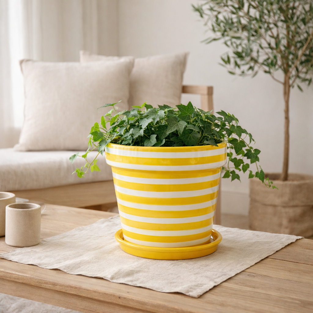 J-Lline Flowerpot Granada Stripes - Céramique - Jaune - Moyen - Ø 27 cm en situation