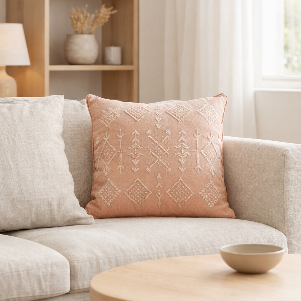 Coussin J-Line Diamants + Flèches - coton - pêche/rose en situation