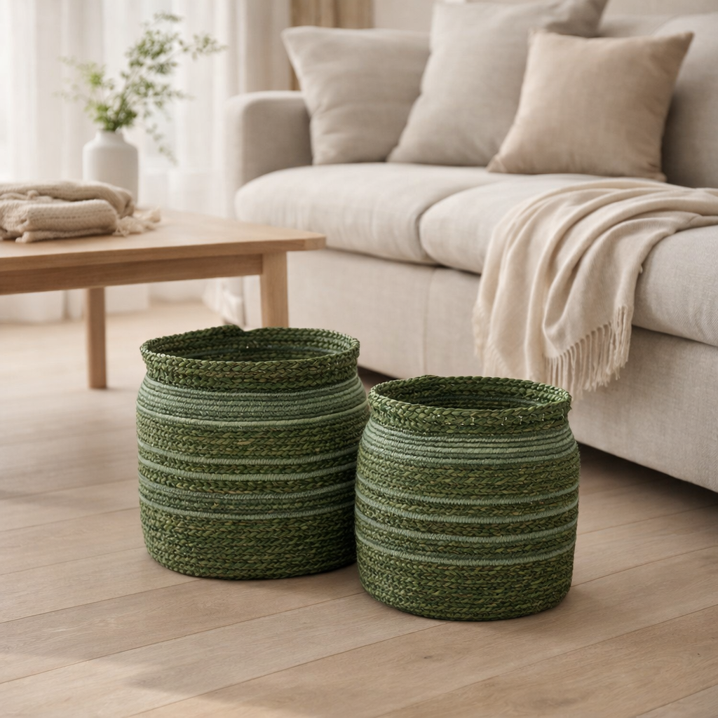 Panier J-Line Braided Edge - jonc de mer - vert - lot de 2 en situation