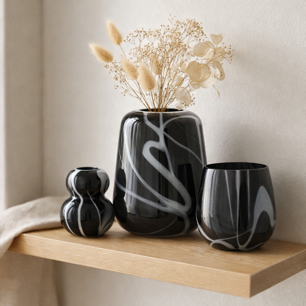 Effet de fumée de vase J -line étroite - verre - blanc / noir - Ø 16,5 cm en situation