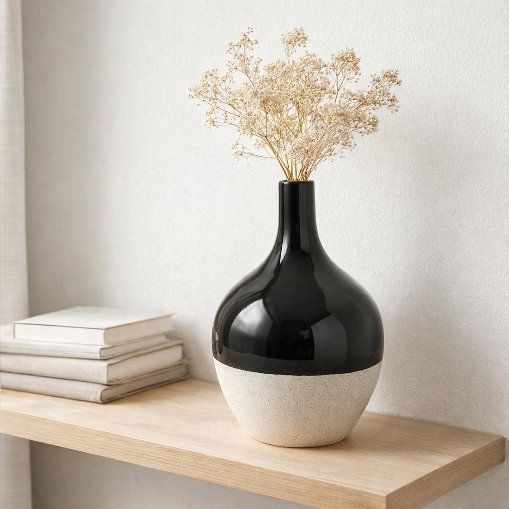 Vase J-Line IVA - Porcelaine - noir / blanc - grand - Ø 21 cm en situation
