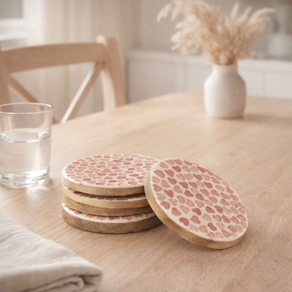 J-Line dessous de verre Heart Mosaic - bois - rose - lot de 4 en situation