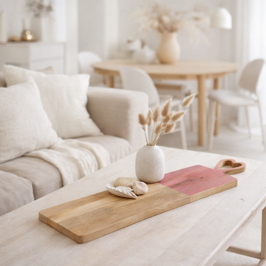 Plateau en j-line long mangue en bois rose en situation
