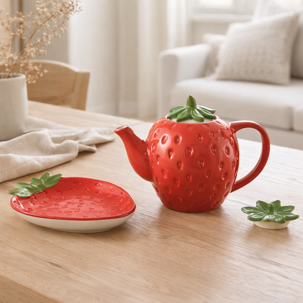 Théière en j-line + plateau de la dolomite de la fraise rouge en situation