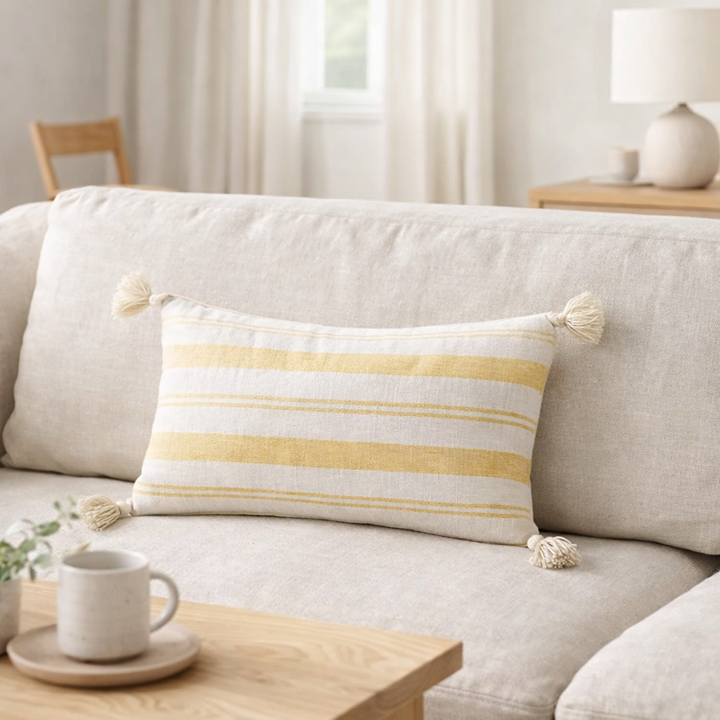 Coussin en j-line rayures rectangle + pinceau coton blanc / jaune en situation