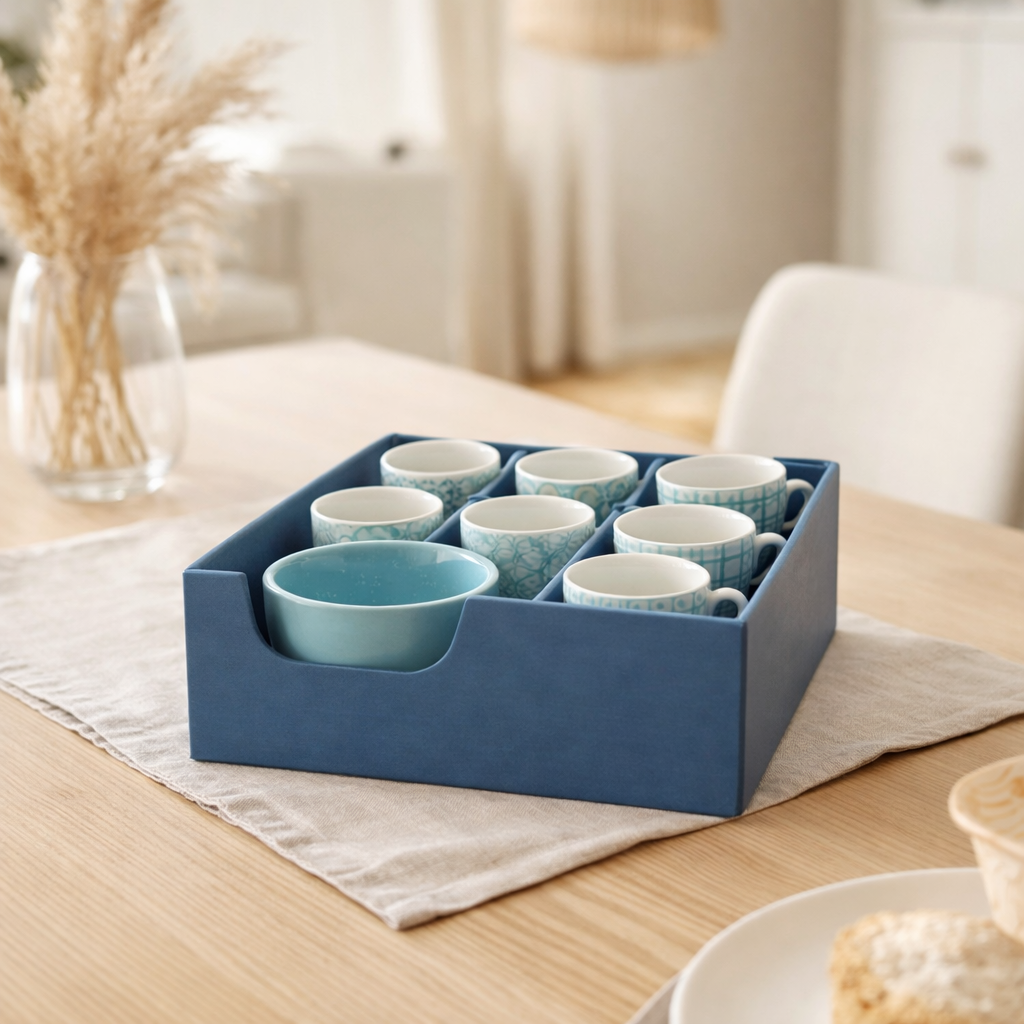 Boîte en j-line 6 tasses + bol de bleu en céramique en situation