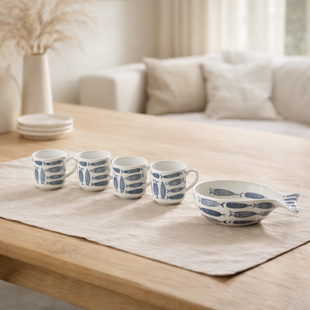 Boîte en j-line 6 tasses + bol poisson céramique bleu foncé en situation