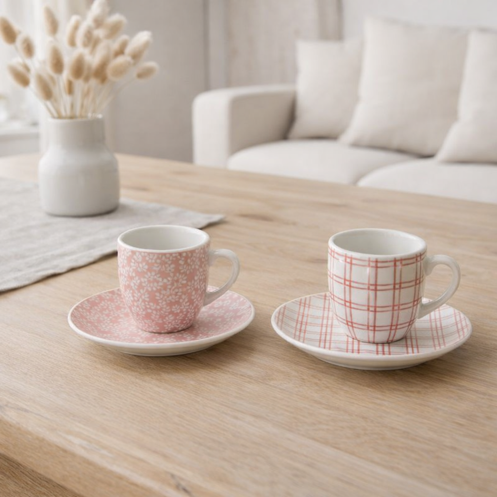 Tasse + soucoupe J-Line - céramique - rose clair/blanc - boîte de 6 en situation