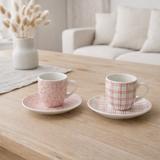 Tasse + soucoupe J-Line - céramique - rose clair/blanc - boîte de 6 en situation