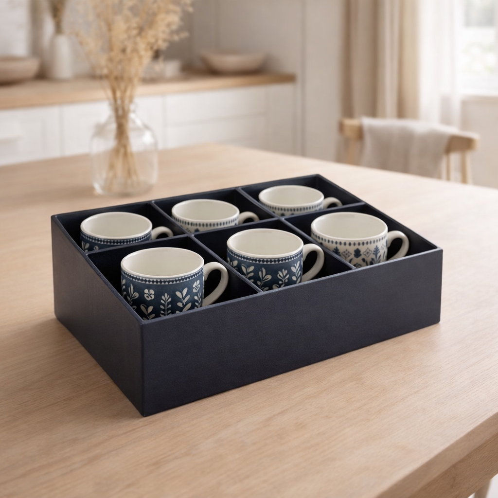 Boîte en j-line 6 tasses + feuilles de bol en céramique bleu foncé en situation