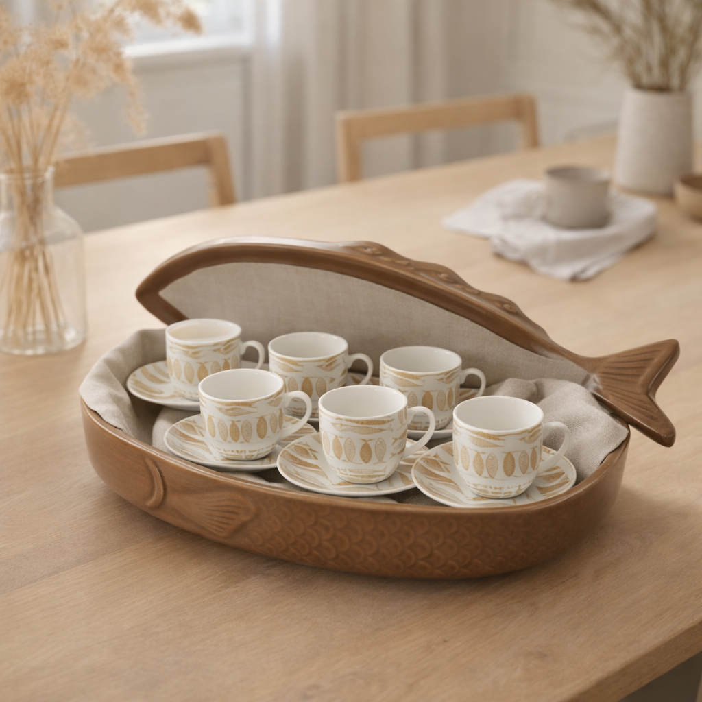 Boîte en j-line 6 tasses + bol de poisson en céramique brun en situation