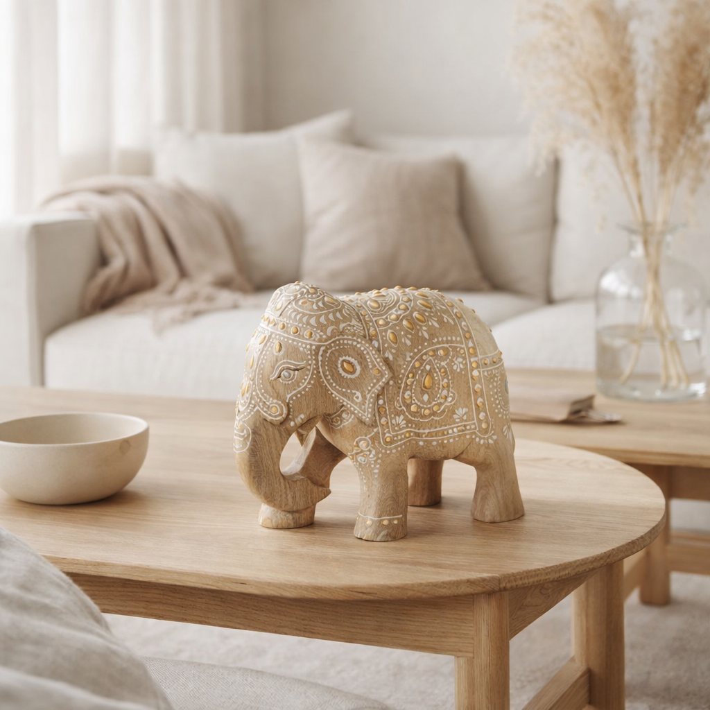 J-line décoration perles d'éléphant - bois - naturel / blanc - grand en situation