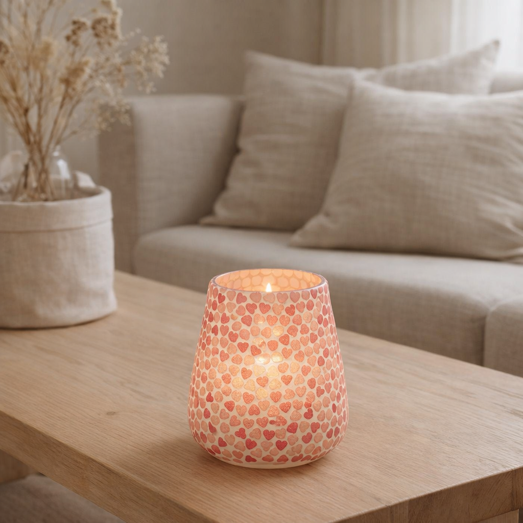 J -line Tealight Holder Hart Mosaic - Glass - Pink - Large en situation