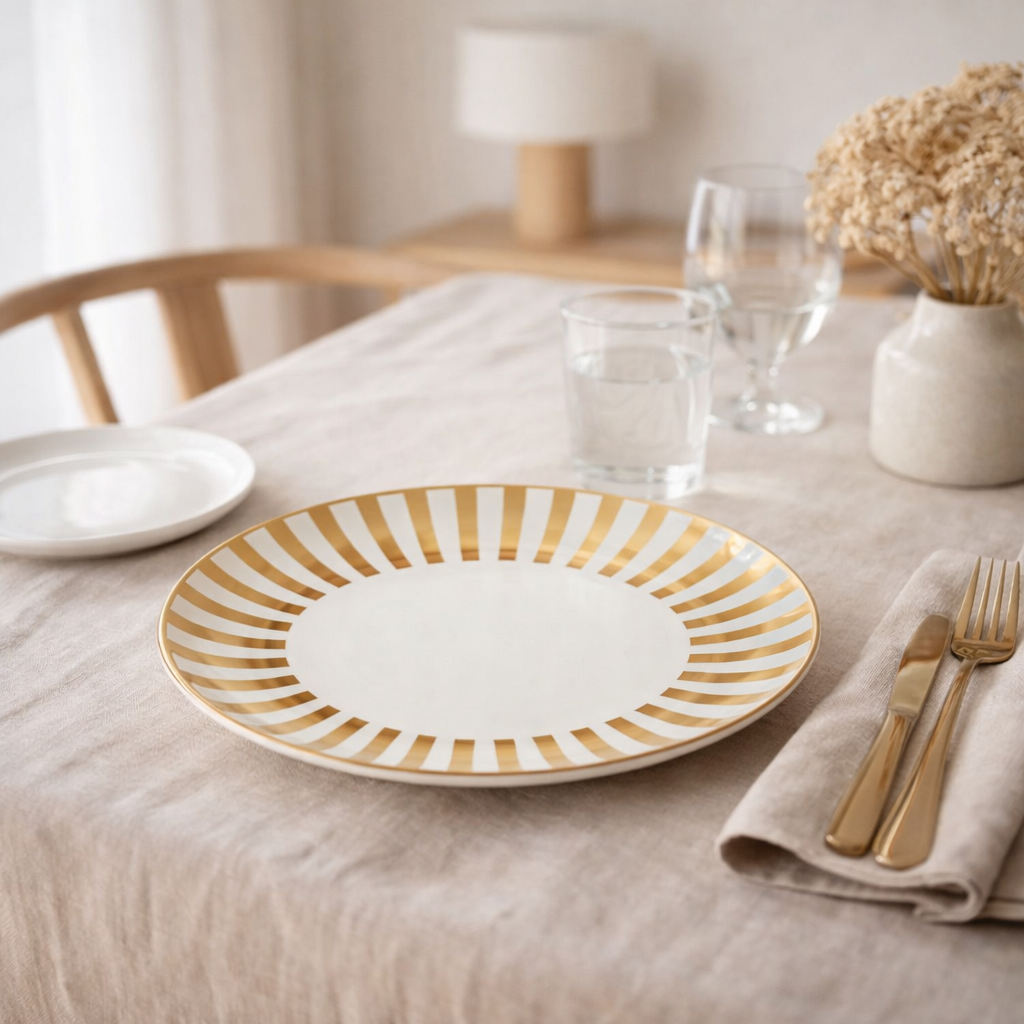 Assiette J-Line Stripe - porcelaine - or/blanc - L en situation