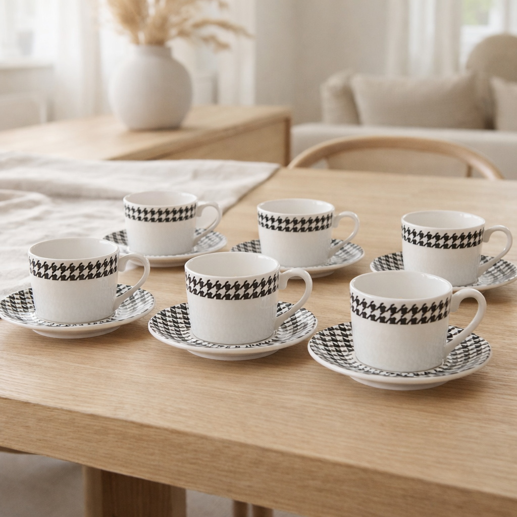 Tasse + soucoupe J-Line - porcelaine - blanc/noir - lot de 6 en situation