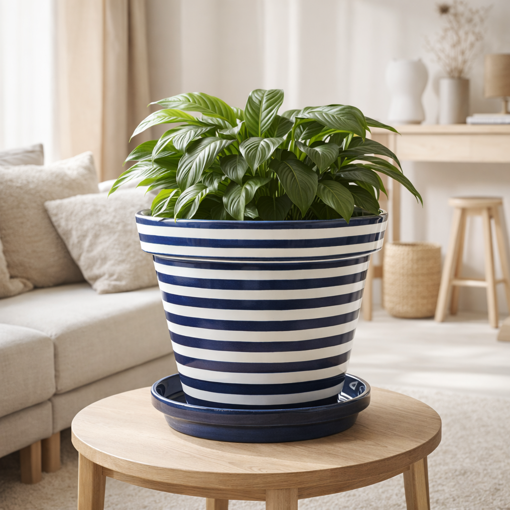 J-Lline Flowerpot Granada Stripes - Céramique - Bleu - Small - Ø 50 cm en situation