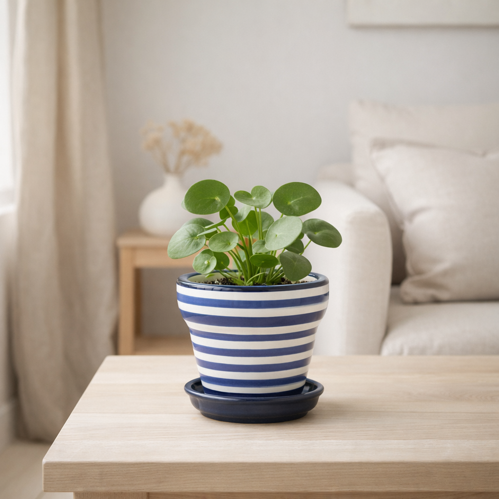 J -Liline Flowerpot Granada Stripes - Céramique - Bleu - XS - Ø 17 cm en situation