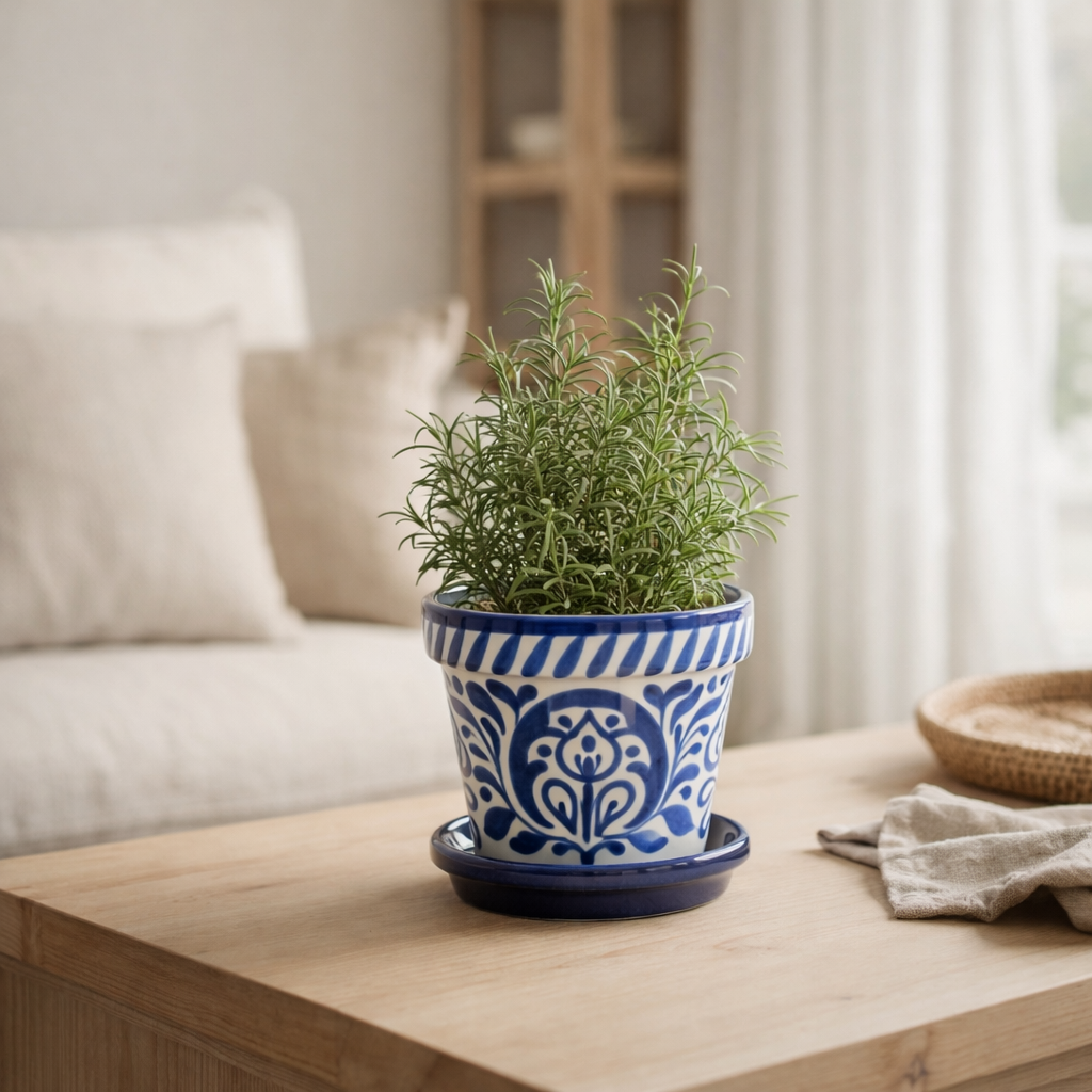 J -line Flowerpot Grenade - Céramique - Bleu - Extra Small - Ø 17 cm en situation