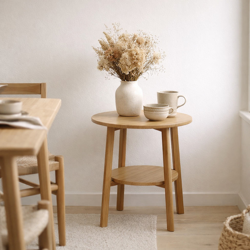 Table d'appoint en j-line autour du bambou naturel petit en situation