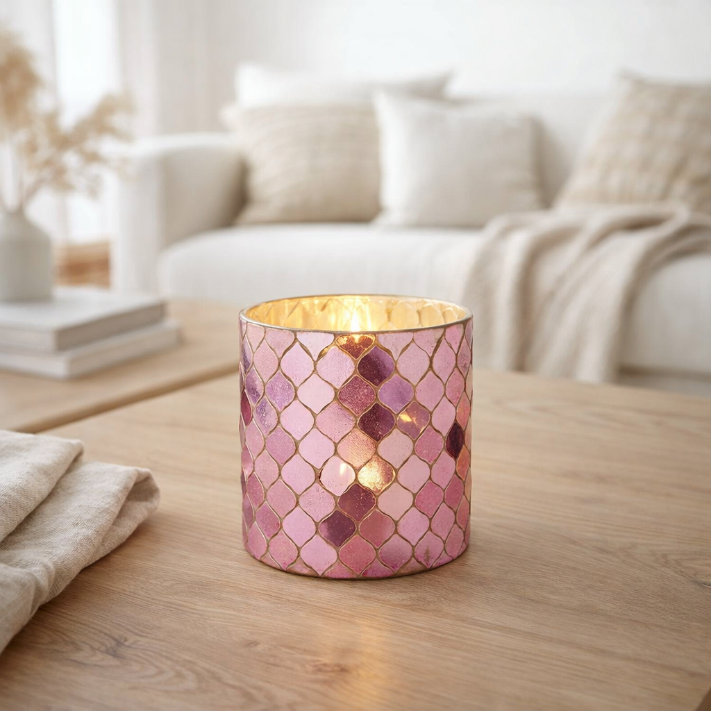 Bougeoir J-Line Cylindre Mosaïque - verre - fuchsia en situation