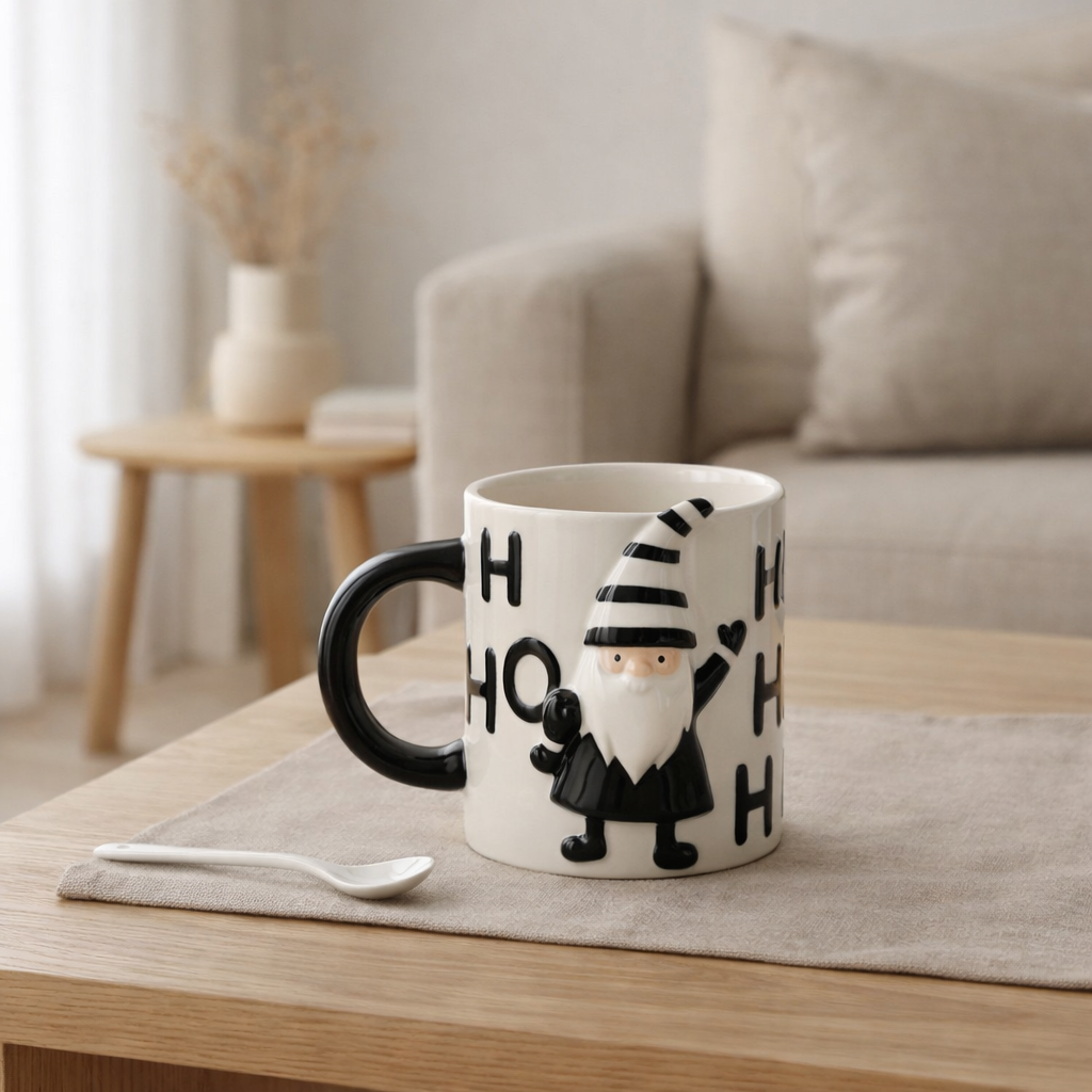 Tasse j-line + cuillère Santa Dolomite blanc / noir en situation