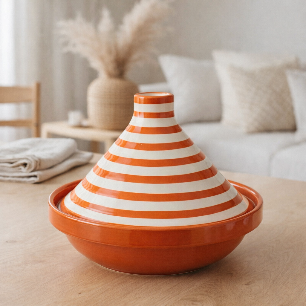 J -line Tajine Grenada Stripes - Céramique - Blanc / Orange en situation