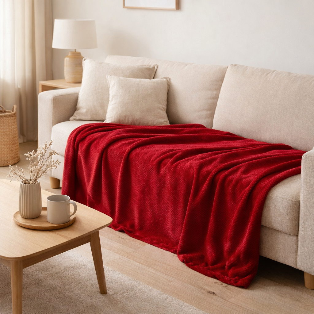 Couverture J-Line Snuggle - polyester - rouge en situation