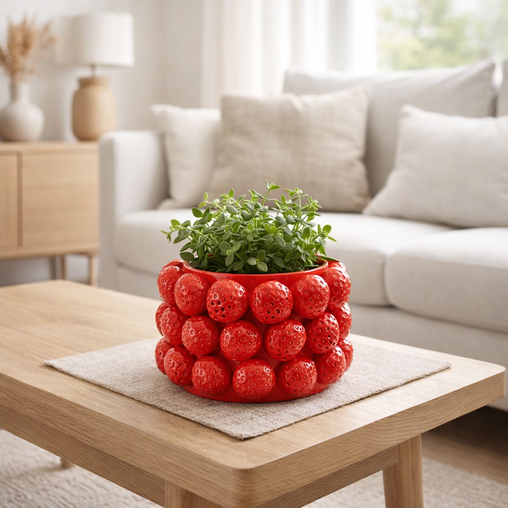 J -Line Flowerpot Strawberries - Céramique - Rouge - Medium - Ø 19,5 cm en situation