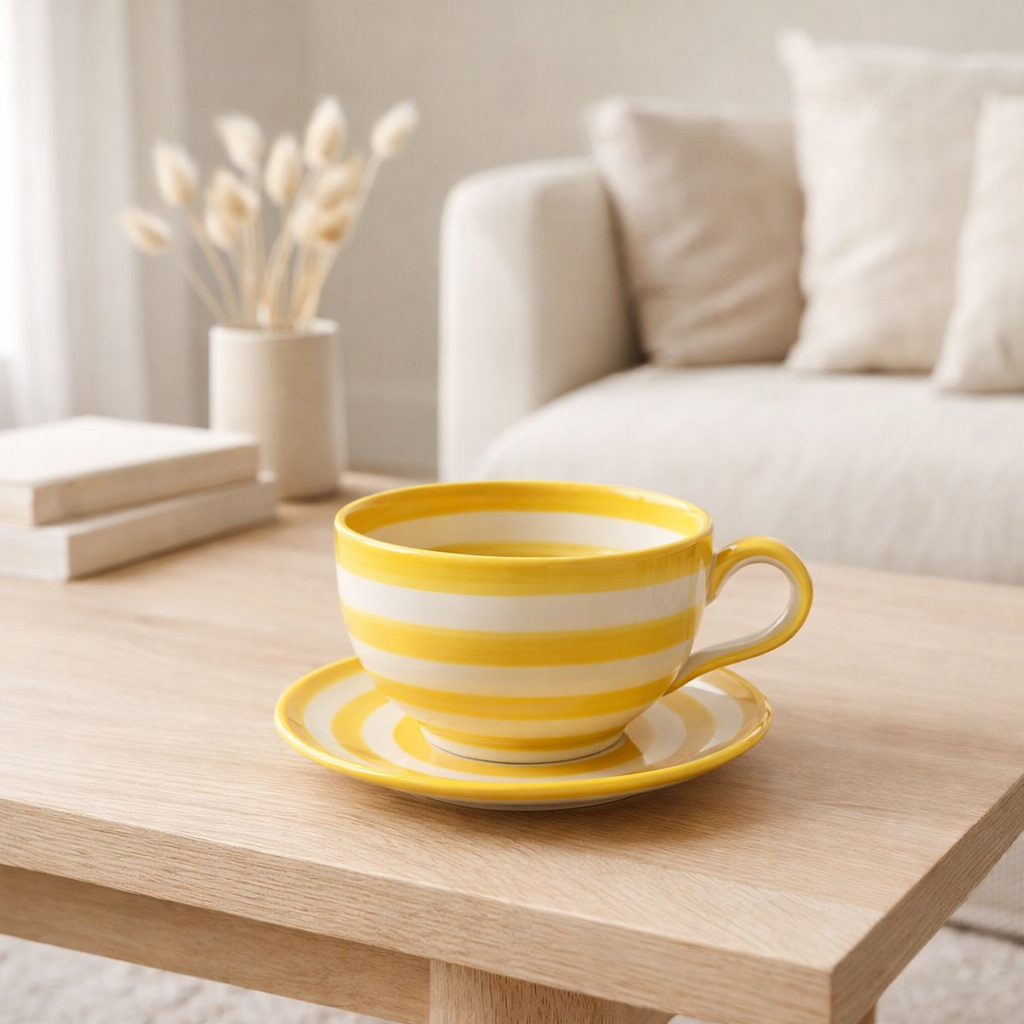 J -line Cup + Saucer Grenade Stripes - Céramique - Blanc / Jaune en situation