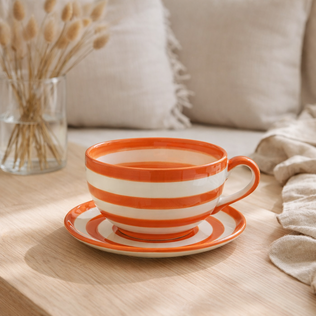 J-Line tasse + soucoupe Granada Stripes - céramique - blanc/orange en situation