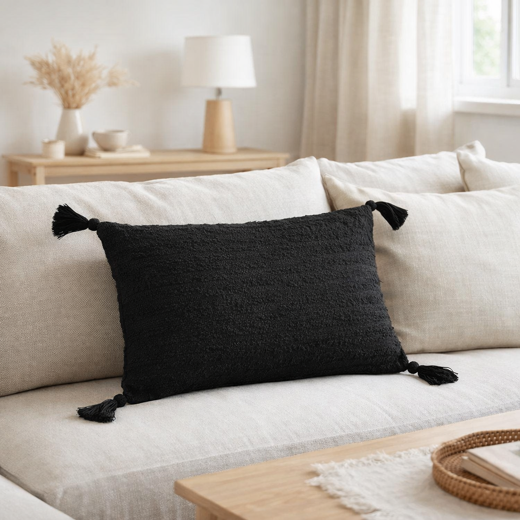 Coussin J-Line Rectangulaire + Pompons - coton - noir en situation