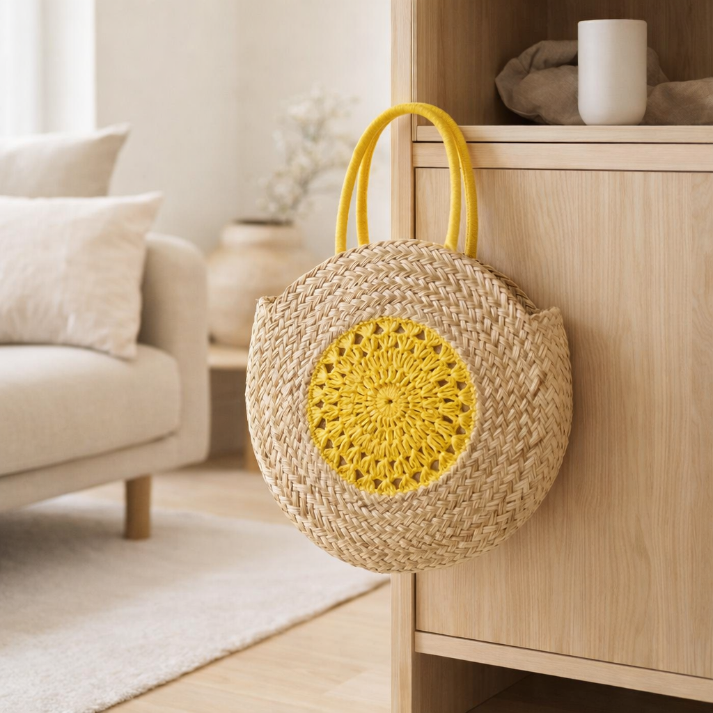 J-Line Sac de Plage Rond Fleur Jonc de Mer Humide/Jaune en situation