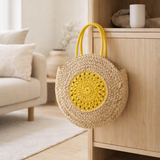 J-Line Sac de Plage Rond Fleur Jonc de Mer Humide/Jaune en situation