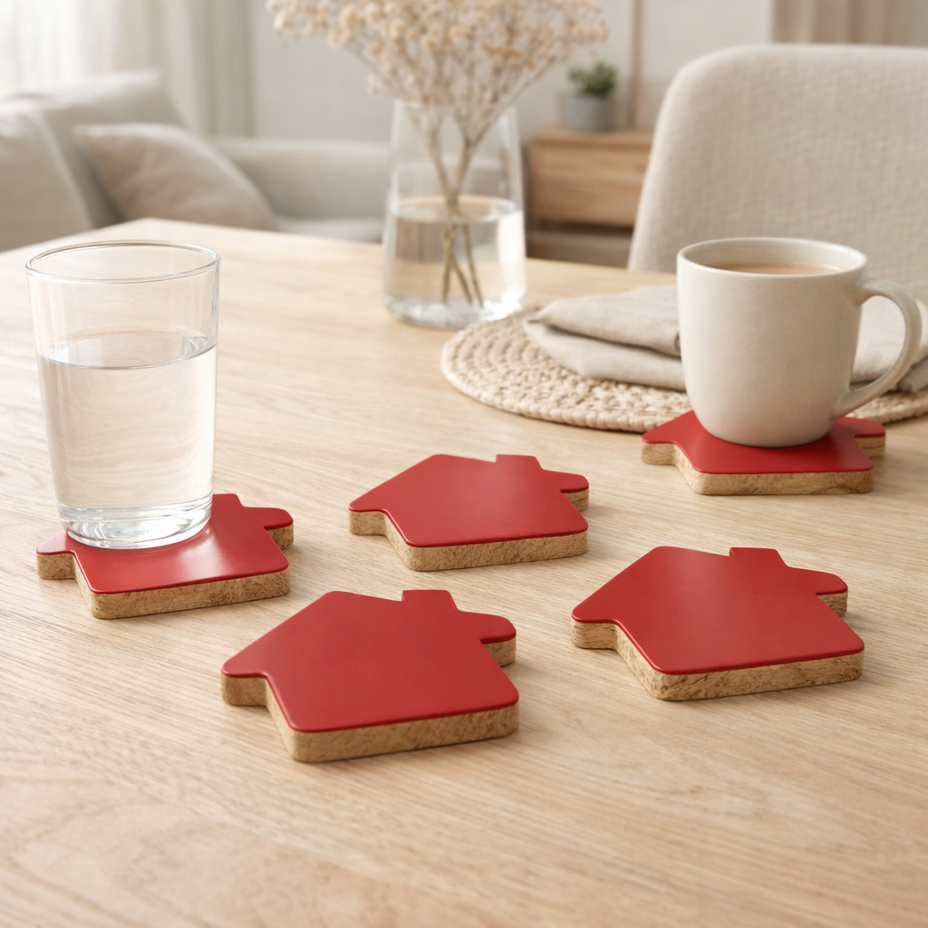 J-Line dessous de verre House - bois - rouge/naturel - lot de 4 en situation