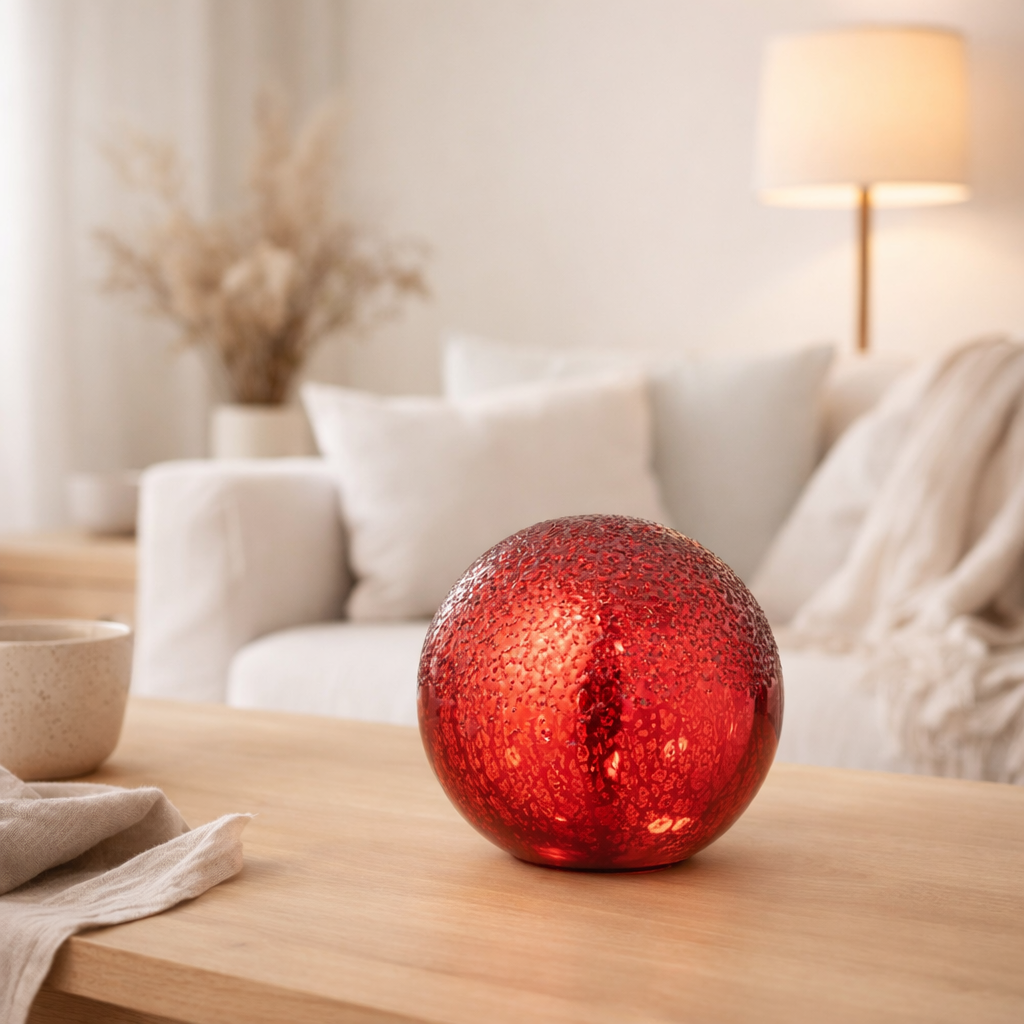 J-Line décoration Boule Craquelée - verre - Noël rouge - S - LED en situation